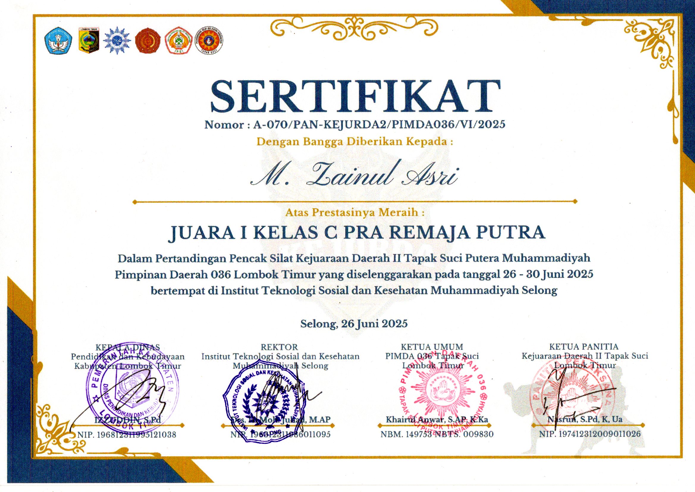 Juara I Kelas C Pra Remaja Putra diberikan kepada M. Zainul Asri