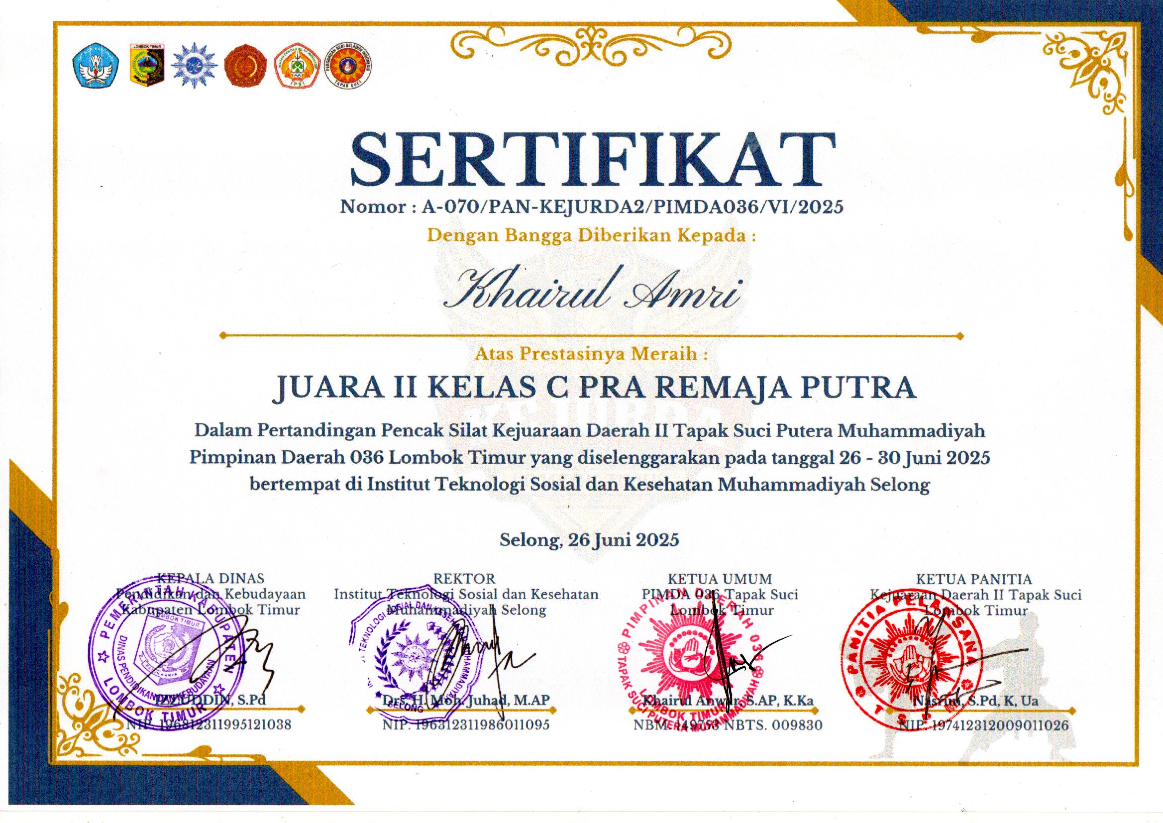 Juara II Kelas C Pra Remaja Putra diberikan kepada Khairul AmriJuara II Kelas C Pra Remaja Putra diberikan kepada Khairul Amri