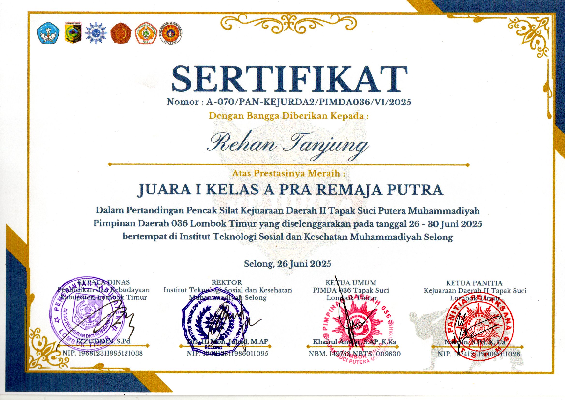 Juara I Kelas A Pra Remaja Putra diberikan kepada Rehan Tanjung