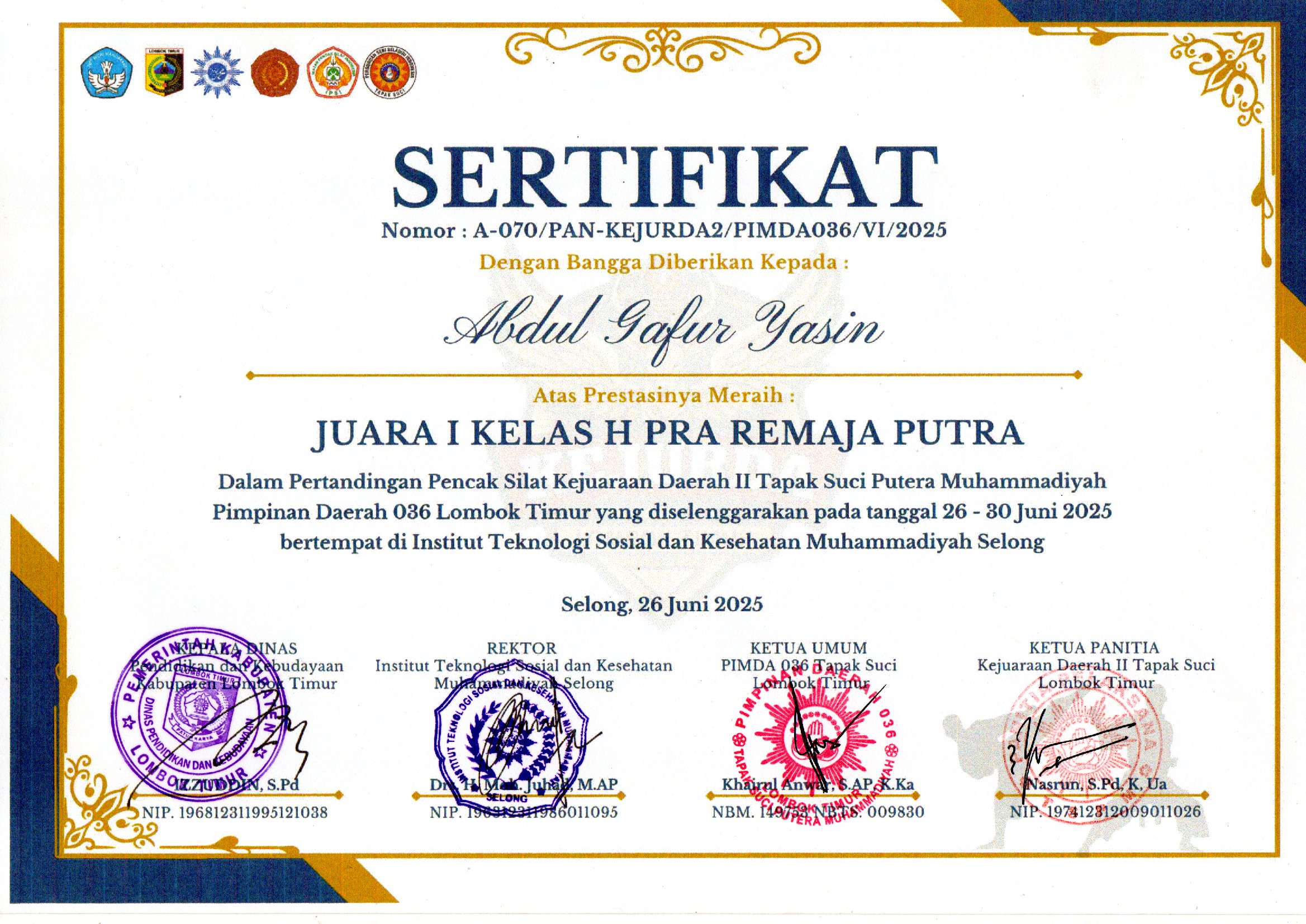 Juara I Kelas H Pra Remaja Putra diberikan kepada Abdul Gafur Yasin